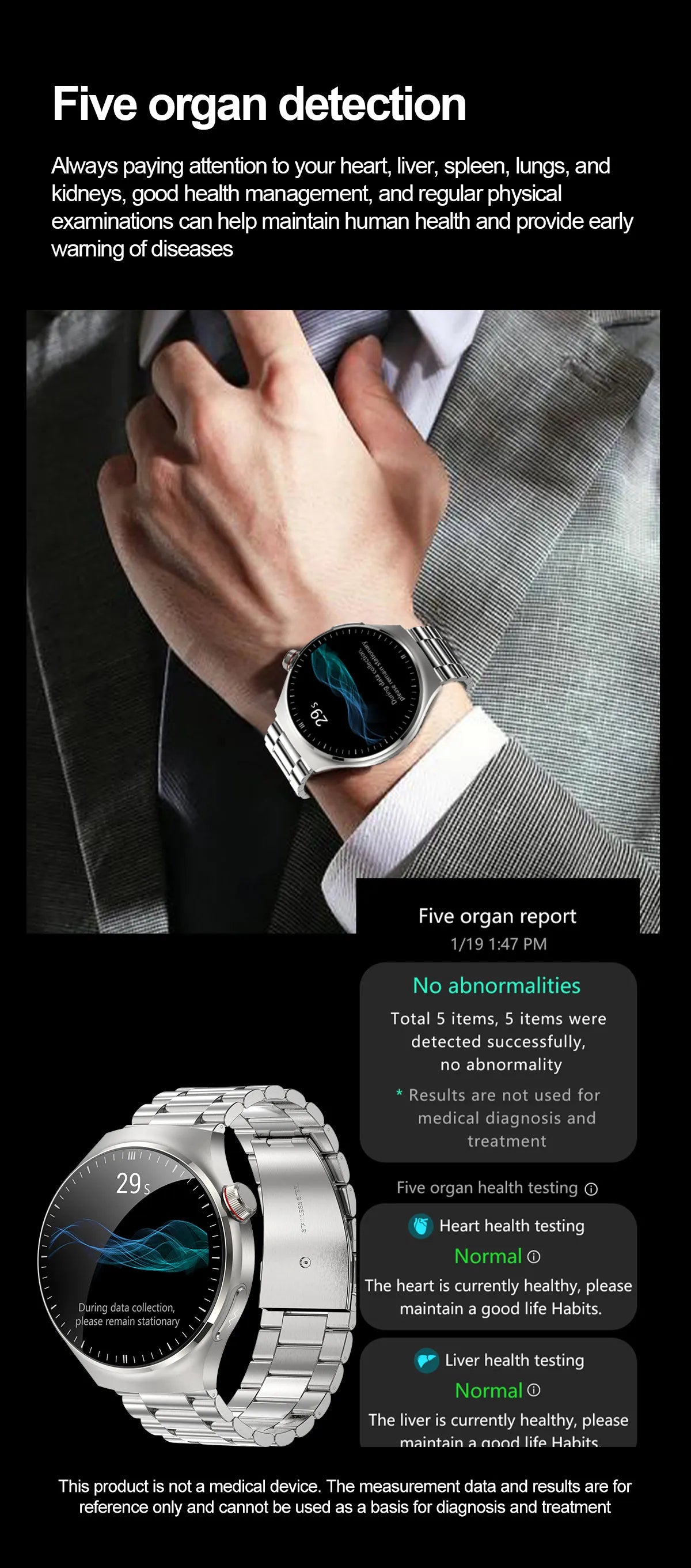 Health smartwatch displaying five organ detection report, emphasizing health monitoring and disease prevention.