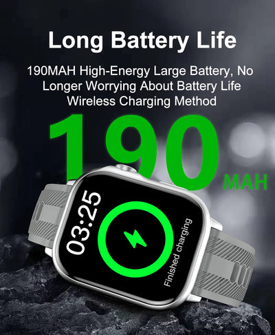 Smart watch display showing 190mAh battery capacity and charging status, emphasizing long battery life feature.