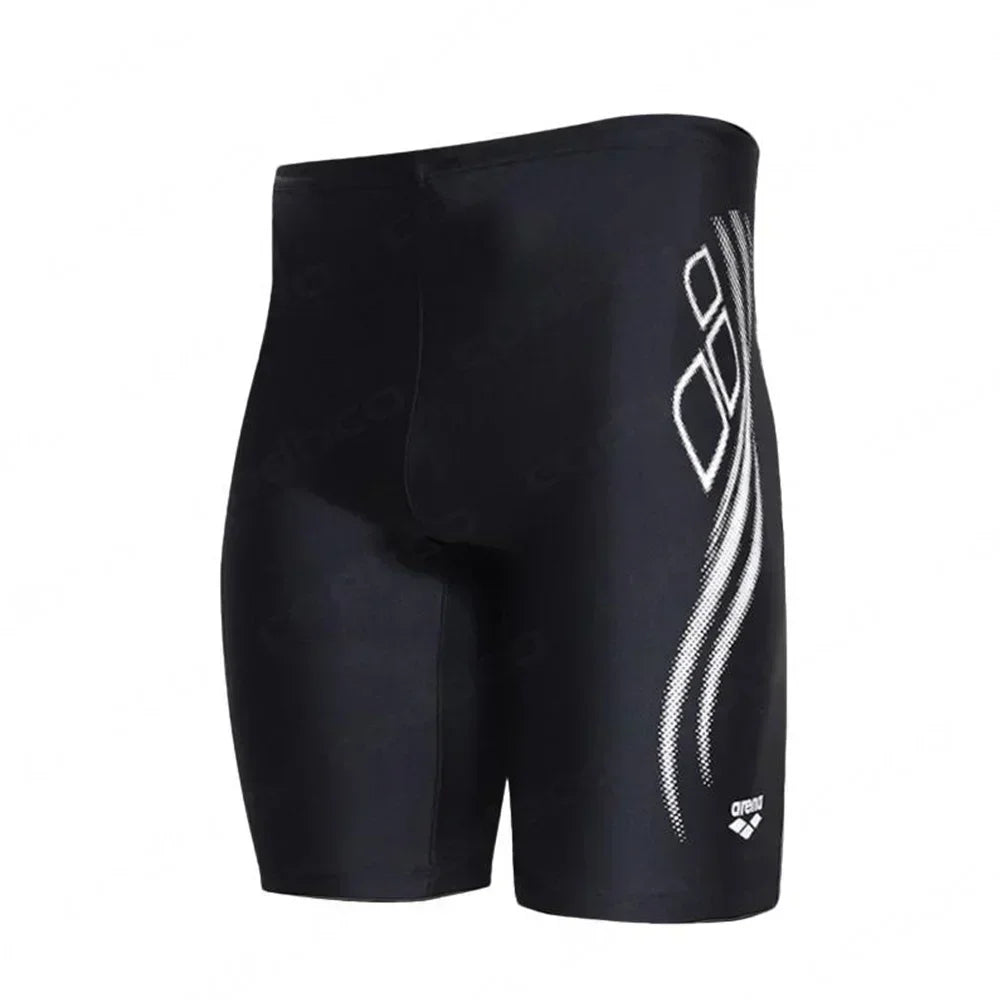 Men's black swim jammer with stylish white pattern, made of quick-dry Lycra fabric for professional swimming.