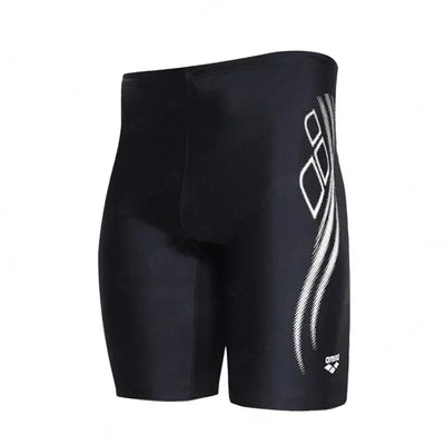 Men's black swim jammer with stylish white pattern, made of quick-dry Lycra fabric for professional swimming.