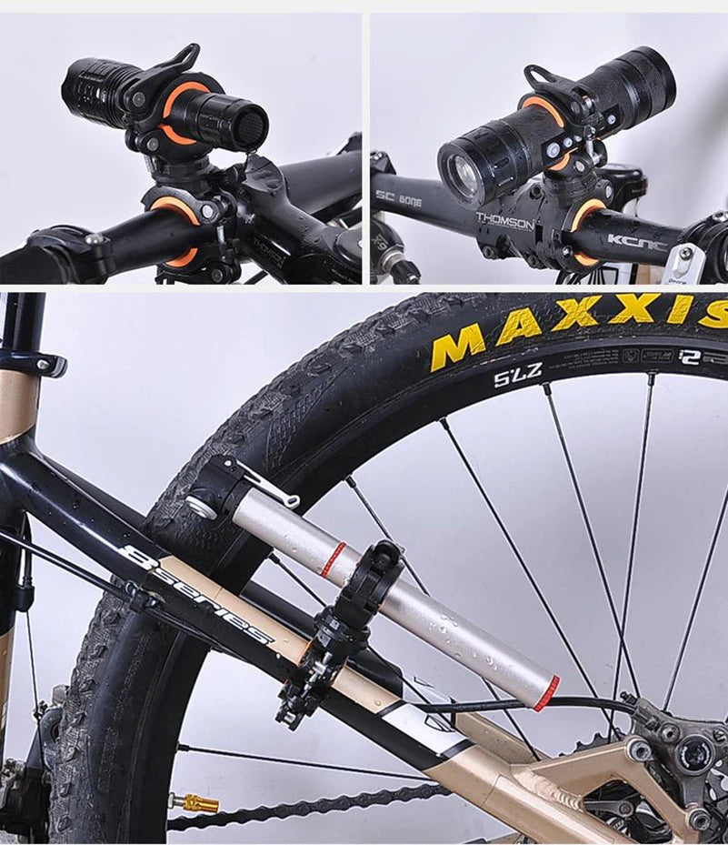 West Biking 360° rotatable bike light bracket and LED flashlight holder mounted on a bicycle handlebar and frame.