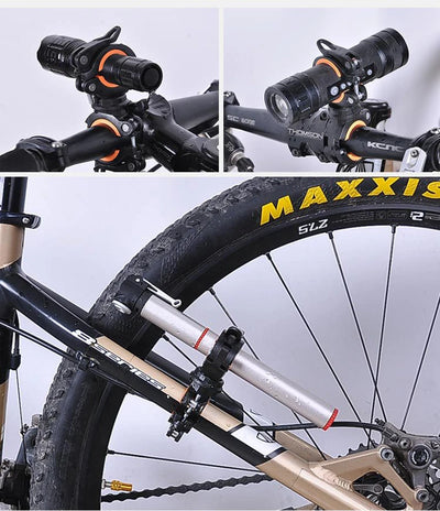 West Biking 360° rotatable bike light bracket and LED flashlight holder mounted on a bicycle handlebar and frame.