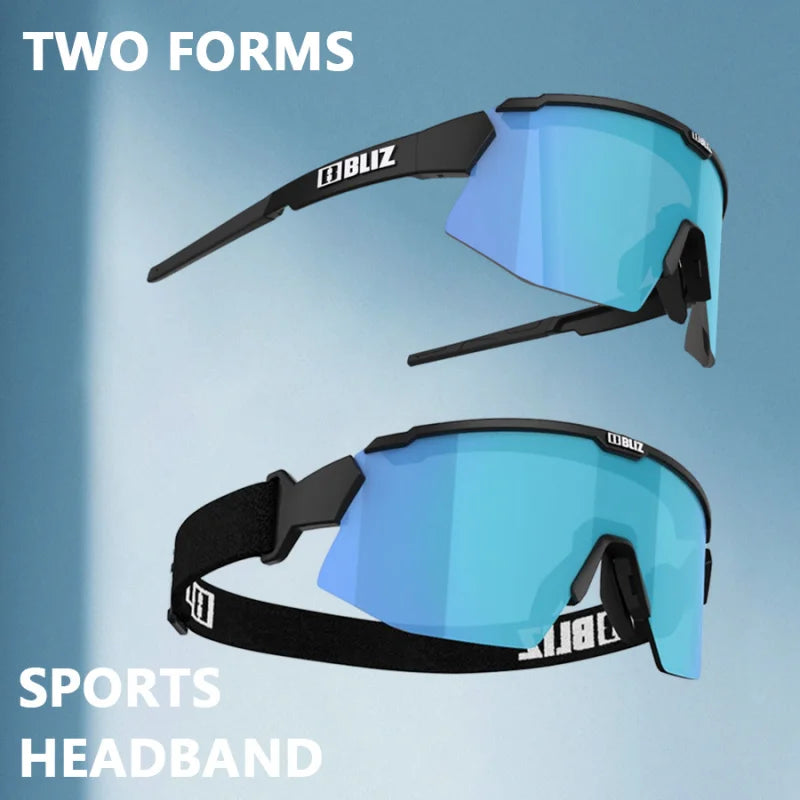 BLIZ Breeze cycling glasses with headband, showing two forms, designed for sports and UV protection.