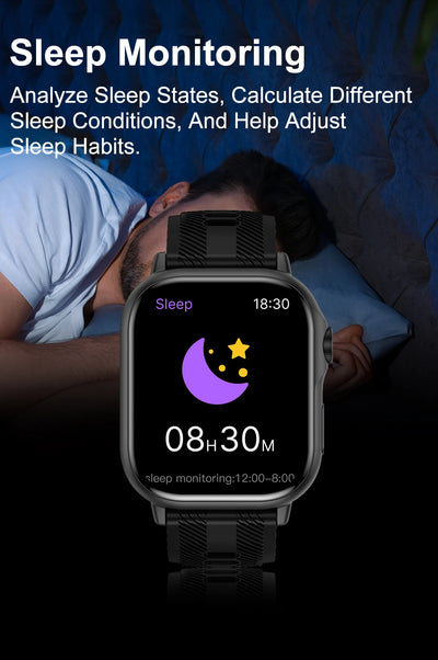 Smart watch displaying sleep monitoring features with sleep analysis and adjustment tips.