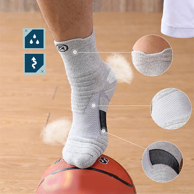 Elastic compression sports socks on a basketball, showcasing breathable material and moisture-wicking features.