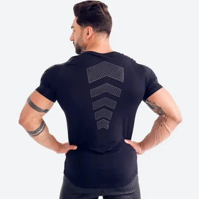 Men's black running sports t-shirt featuring rear design, perfect for summer bodybuilding and fitness training.