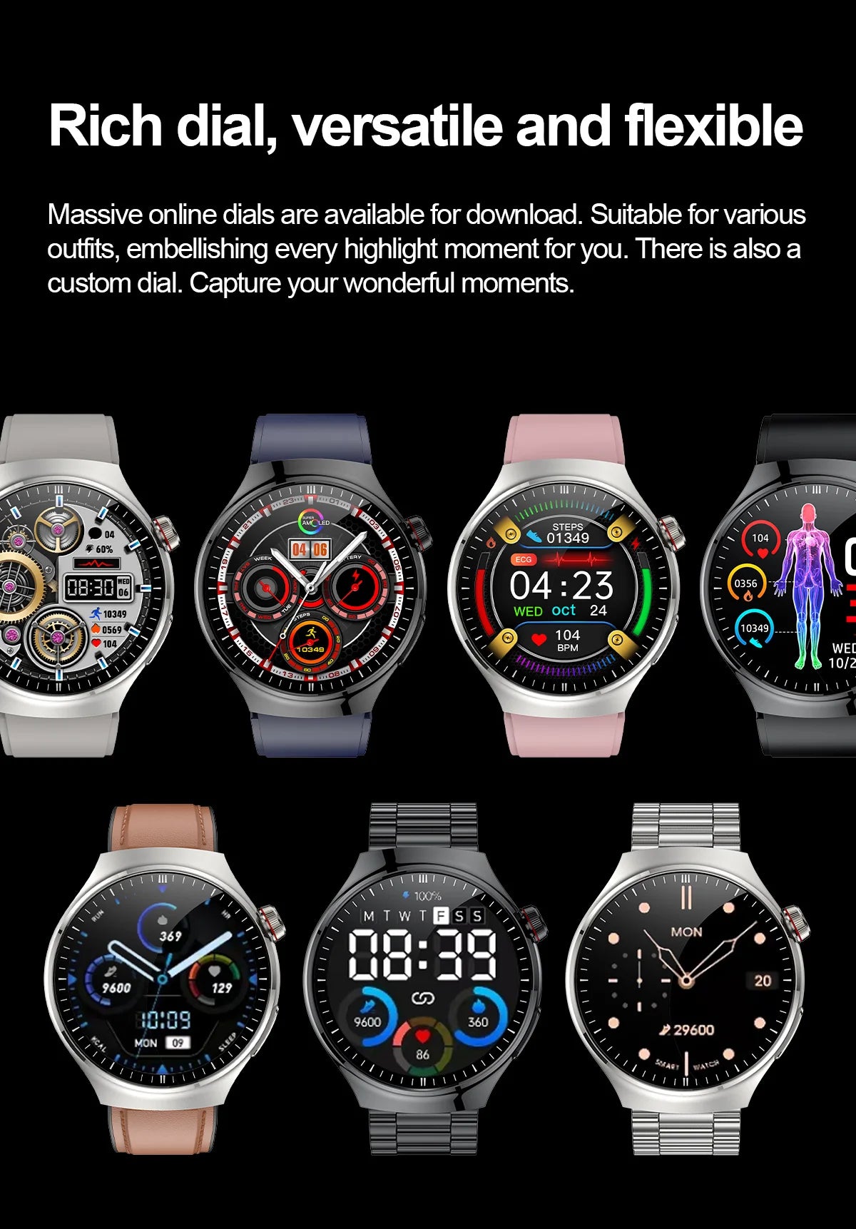Collection of customizable health smartwatches with rich dials, suitable for various outfits and personal styles.