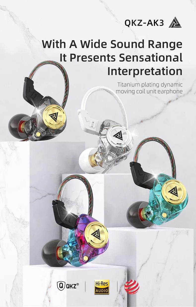 QKZ AK3 earphones showcasing vibrant colors and design, featuring titanium plating for enhanced sound quality.