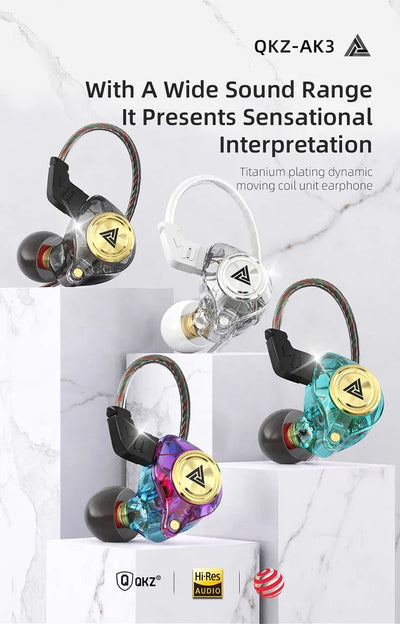 QKZ AK3 earphones showcasing vibrant colors and design, featuring titanium plating for enhanced sound quality.