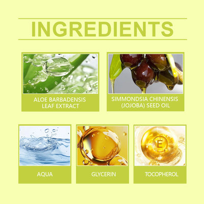 Image showcasing ingredients: Aloe Vera, Jojoba Seed Oil, Aqua, Glycerin, and Tocopherol for skin nourishment.
