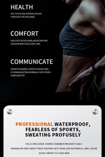 Bone conduction earphones promoting health, comfort, and communication, with a focus on waterproof features.