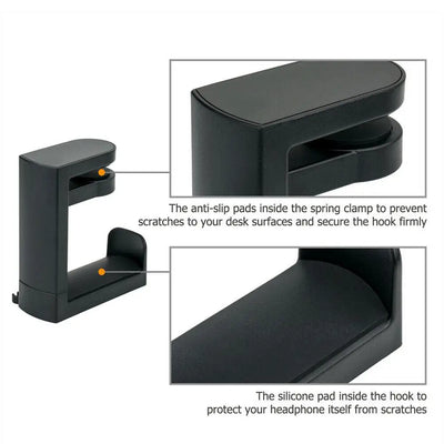 Detailed view of a PC gaming headphone stand showing anti-slip pads and silicone protection for secure and scratch-free use.