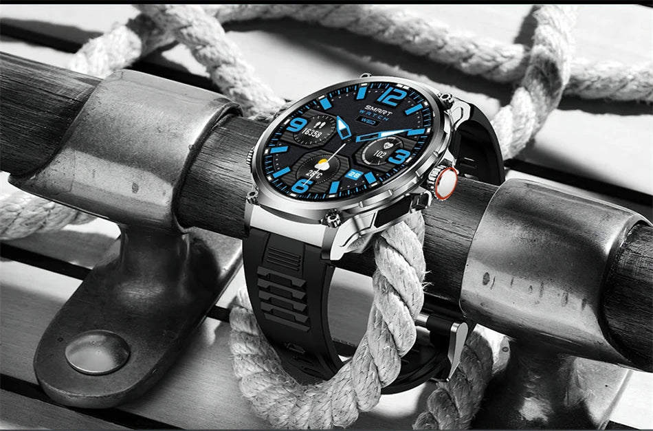 GPS Smart Watch for Men showcased on rope and metal dock, featuring a sleek blue dial and durable design.