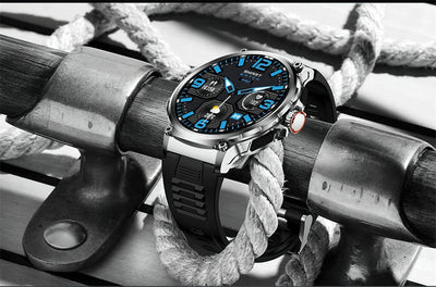 GPS Smart Watch for Men showcased on rope and metal dock, featuring a sleek blue dial and durable design.
