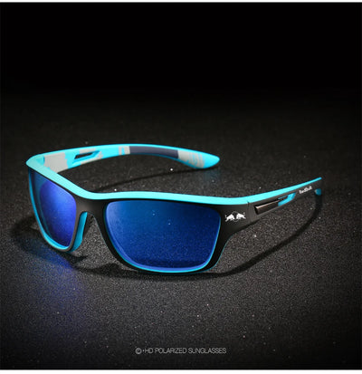 Red Bull polarized sunglasses with blue lenses, ideal for outdoor activities like fishing, driving, and hiking.
