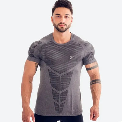 2024 men's gray quick-dry running t-shirt with compression fit, perfect for training and bodybuilding workouts.