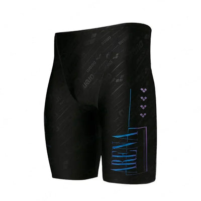 Men's black swim jammer shorts with Arena branding, designed for professional swimming and quick drying.