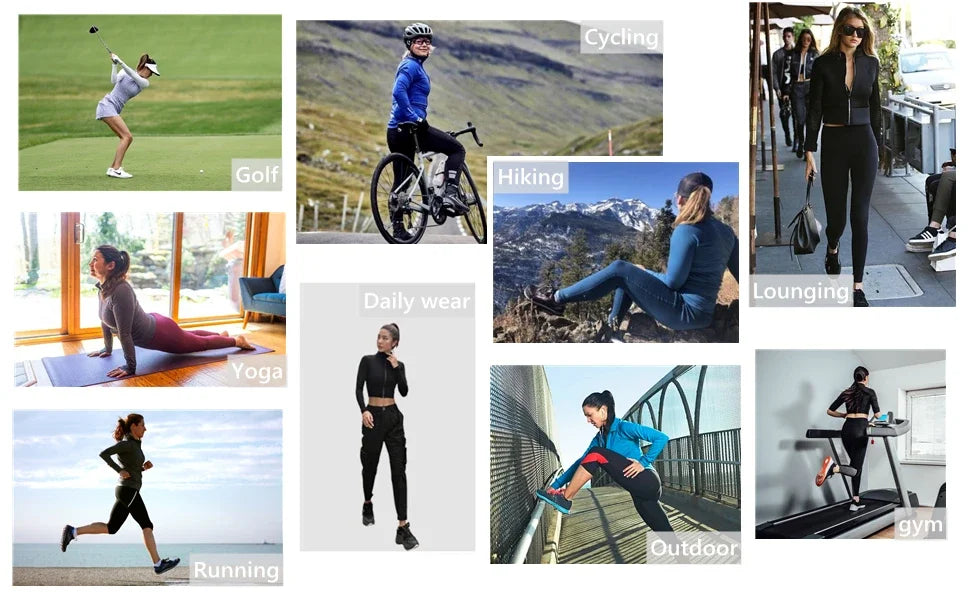 Collage of women in activewear engaging in sports like yoga, running, cycling, and lounging.