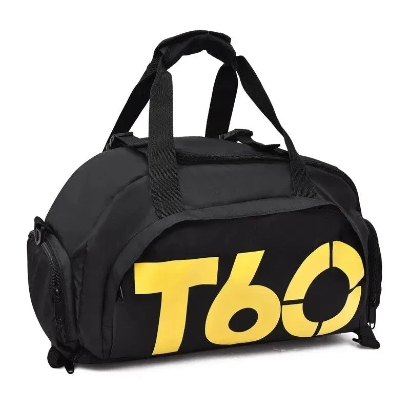 Waterproof gym bag in black with yellow 'T60' logo, ideal for fitness and outdoor travel, lightweight and portable.