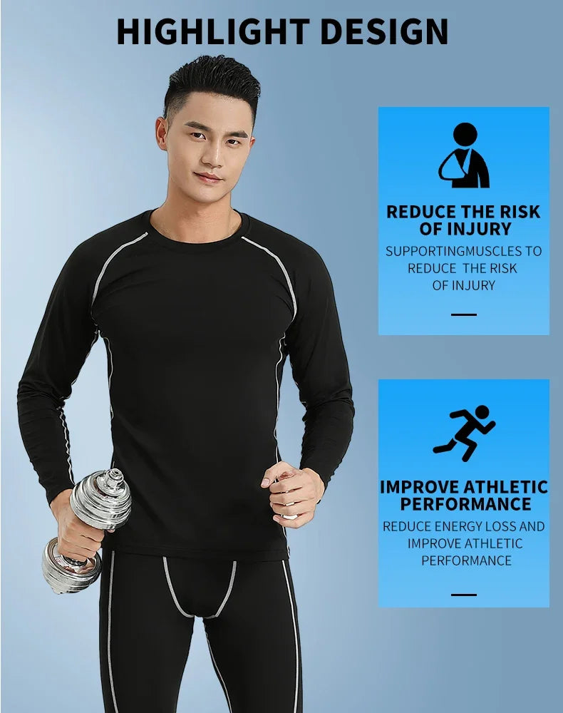 Men's compression sportswear set designed to reduce injury risk and improve athletic performance, featuring a sleek pullover design.