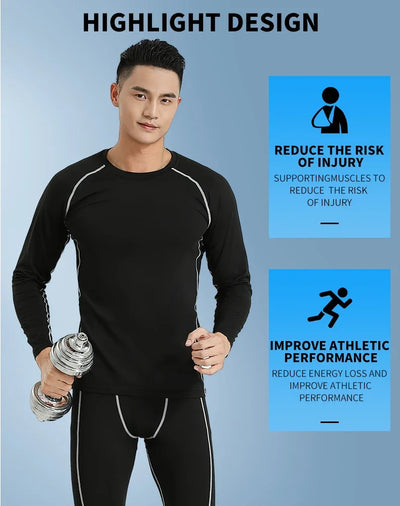 Men's compression sportswear set designed to reduce injury risk and improve athletic performance, featuring a sleek pullover design.
