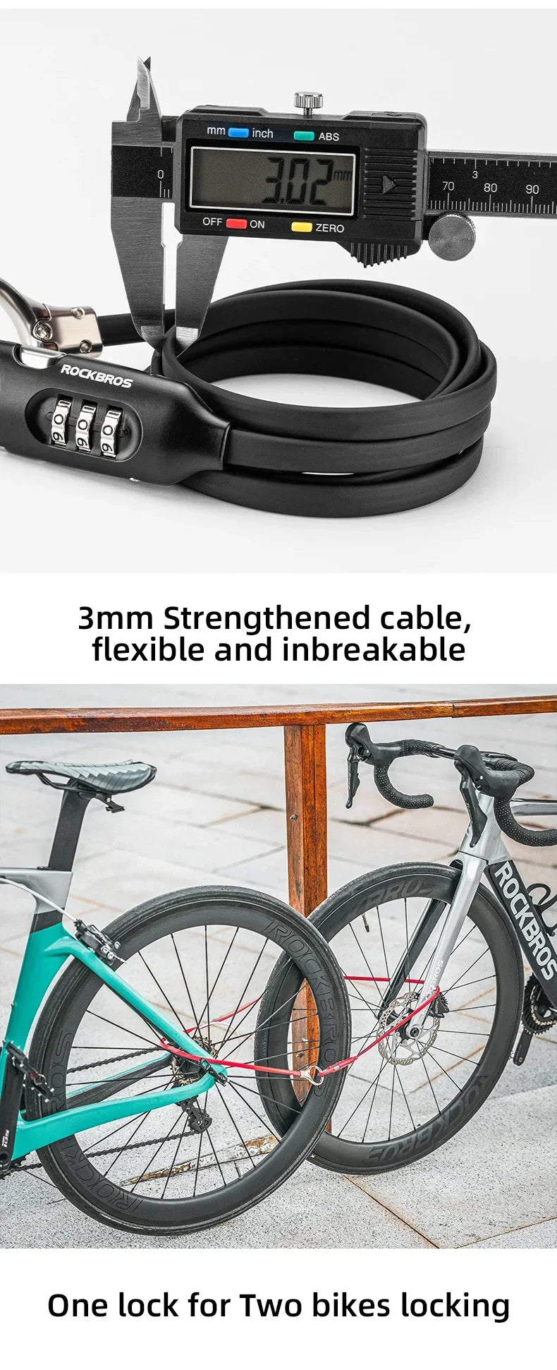 ROCKBROS high-security bike lock with a 3mm flexible steel cable for dual bike locking, showcasing durability and anti-theft features.