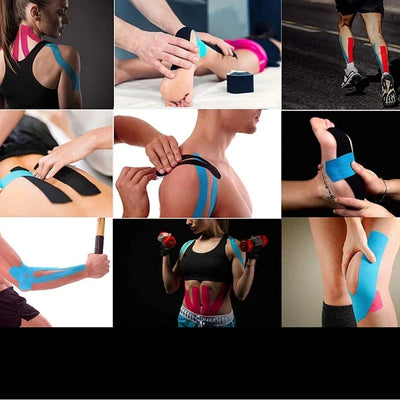 Various athletes applying kinesiology tape for muscle support and pain relief during sports activities.
