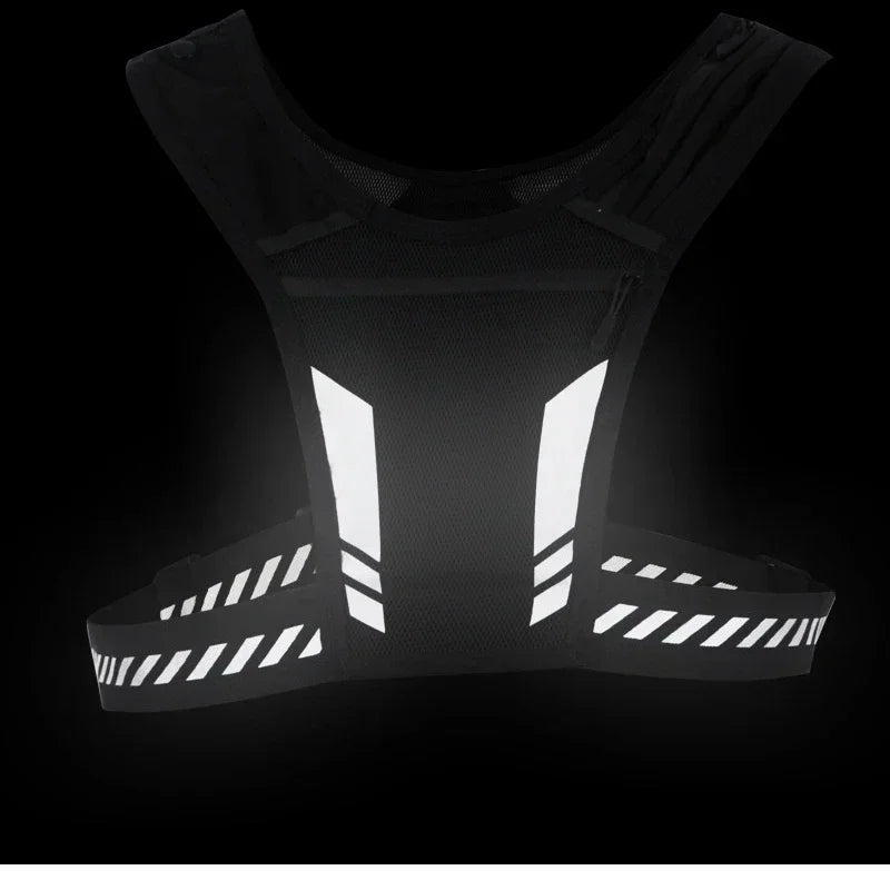 Reflective running vest backpack in black with white stripes, designed for outdoor sports and lightweight comfort.