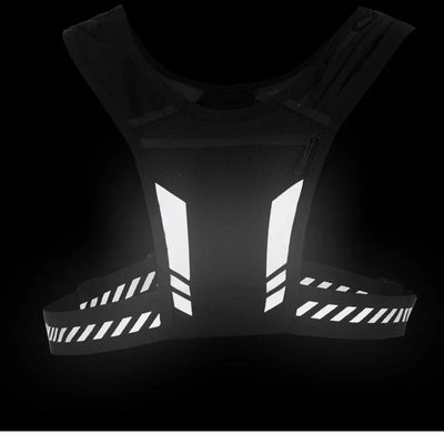 Reflective running vest backpack in black with white stripes, designed for outdoor sports and lightweight comfort.