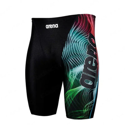 Men's swim jammer trunks by Arena with colorful wave design, ideal for professional swimming and summer beach activities.