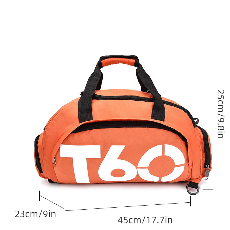 Waterproof orange gym bag with T60 logo, portable design for fitness and outdoor sports, measuring 45cm x 25cm.