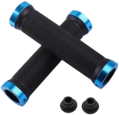 Non-slip rubber bike grips with double lock-on alloy ends for enhanced cycling control and comfort.