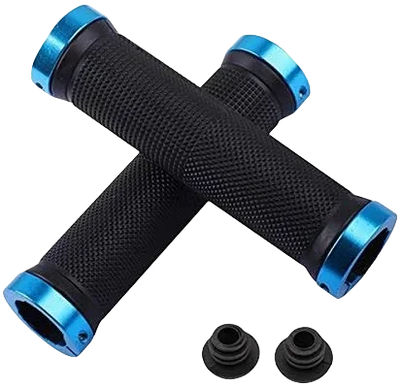 Non-slip rubber bike grips with double lock-on alloy ends for enhanced cycling control and comfort.