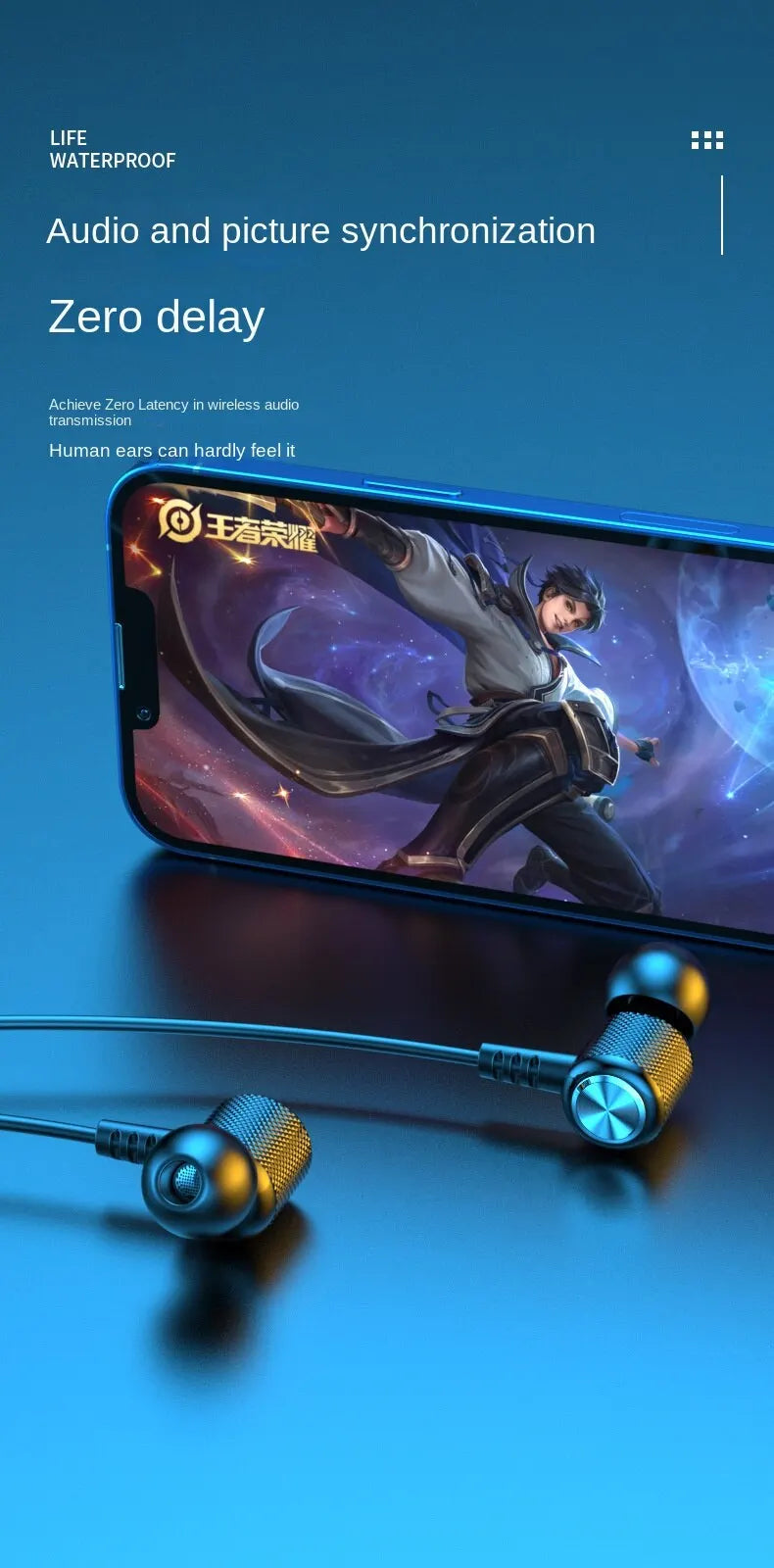 Wireless Bluetooth headphones demonstrating audio and picture synchronization with zero delay, waterproof design.