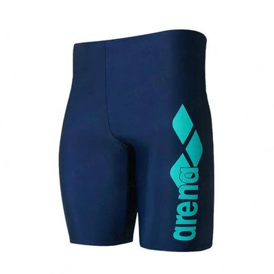 Men's professional swim jammer trunks in navy blue with stylish green arena logo, ideal for swimming and surfing.