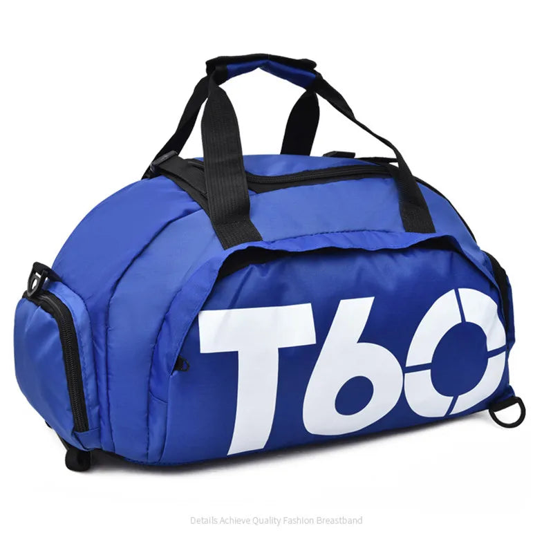 Waterproof blue gym bag with large logo, perfect for fitness, yoga, and outdoor sports activities.