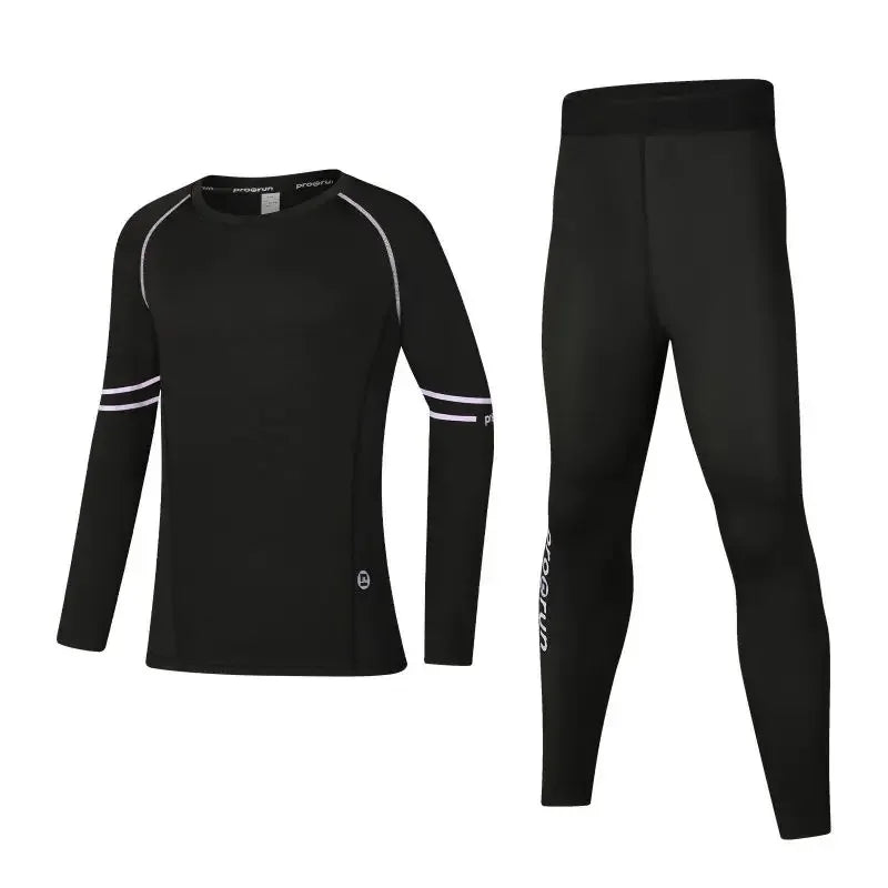 Boys’ thermal compression sportswear set in black, featuring quick-dry long sleeve top and leggings for basketball and soccer.