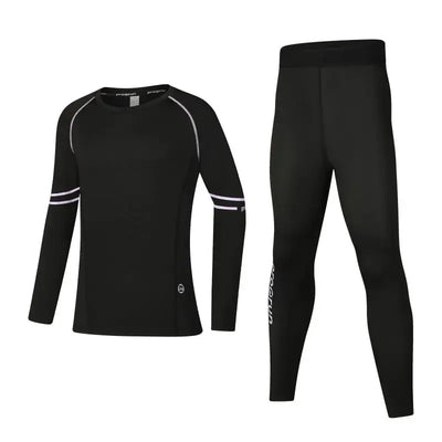 Boys’ thermal compression sportswear set in black, featuring quick-dry long sleeve top and leggings for basketball and soccer.