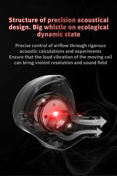 Close-up of wired earphone design showcasing precision acoustical structure and airflow control for high sound resolution.