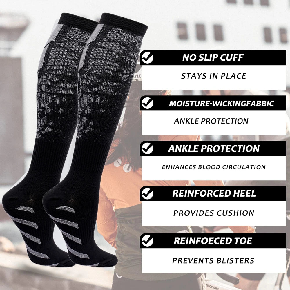 Compression socks featuring moisture-wicking and ankle protection, designed for men and women during running and sports.