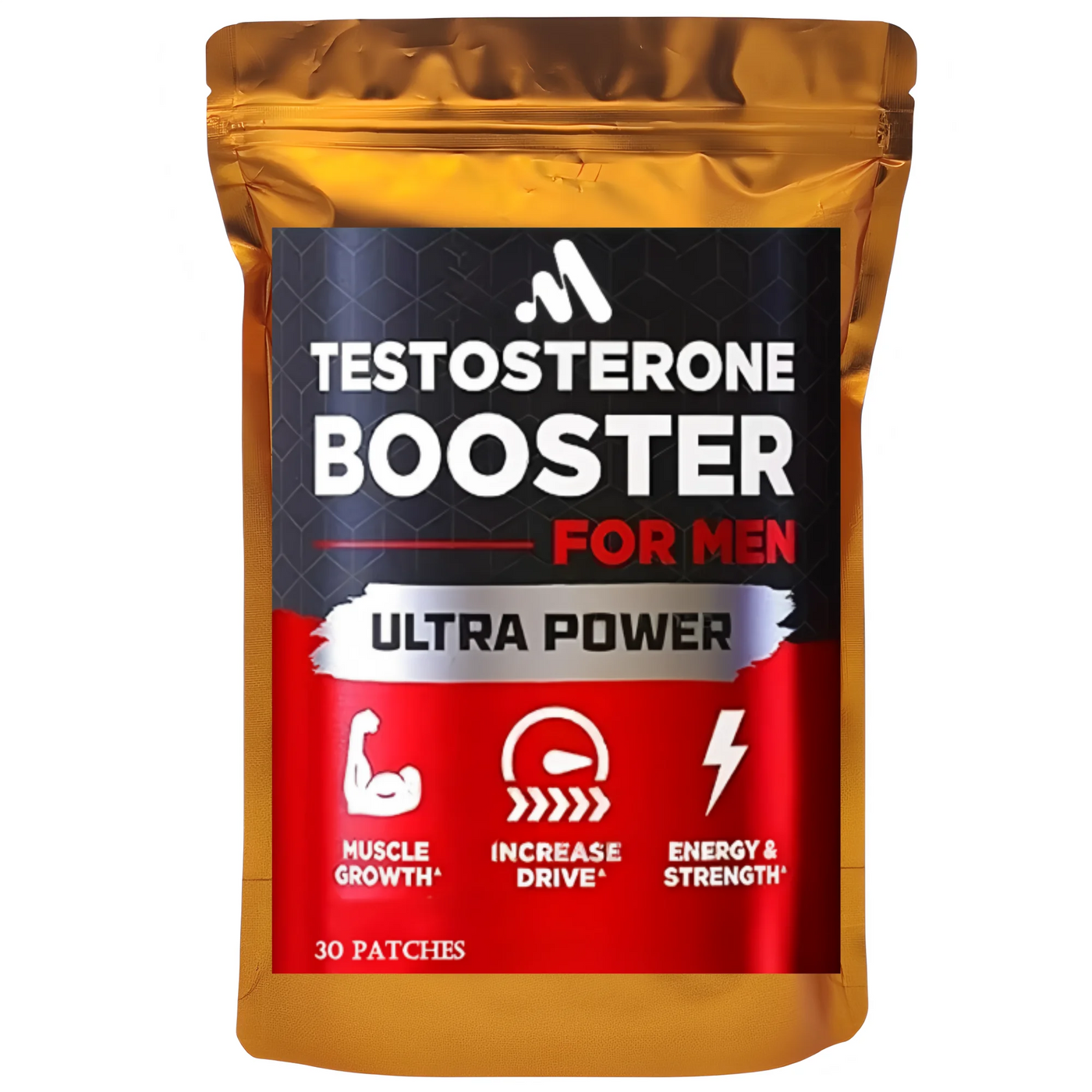 Testosterone booster patches for men, promoting muscle growth, energy, and strength, featuring Ultra Power packaging.