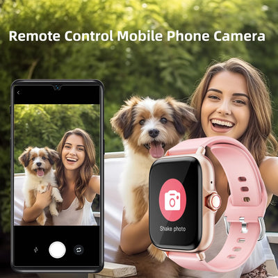 Woman with smartwatch controlling mobile phone camera, posing with small dog outdoors.