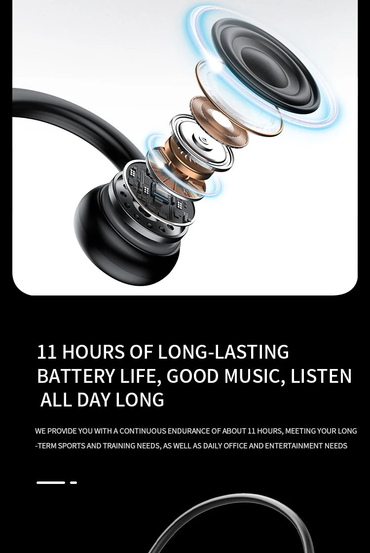 Bone conduction earphones showcasing battery life and sound technology for sports and daily use.