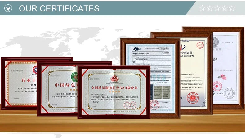 Collection of certificates displayed in frames, showcasing business achievements and credibility.