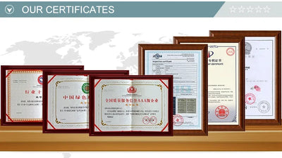 Display of various certificates showcasing company credentials and quality assurance standards.
