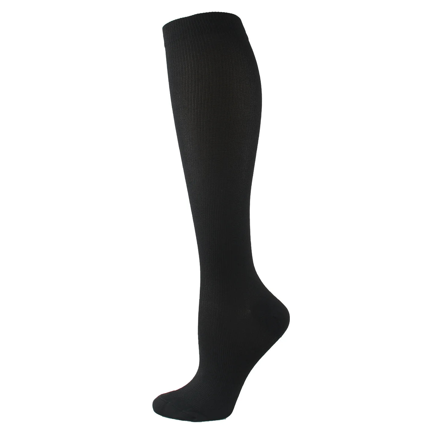 Knee-high black compression sock designed for women, made of nylon, ideal for nurses and cycling.