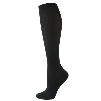 Knee-high black compression sock designed for women, made of nylon, ideal for nurses and cycling.
