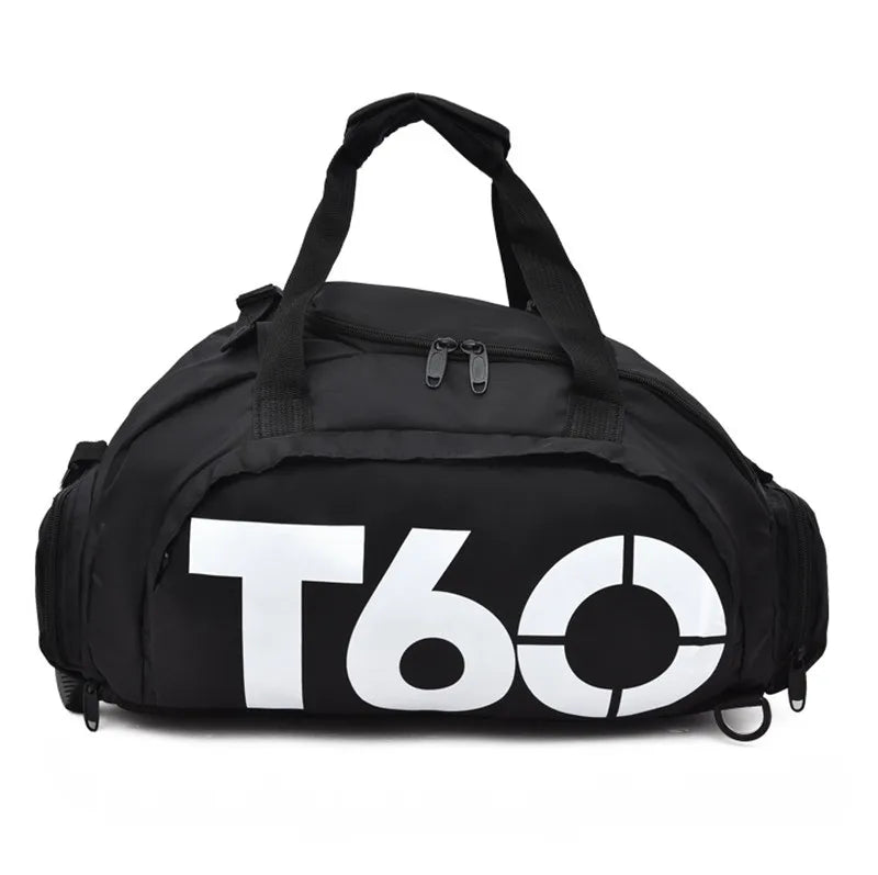 Waterproof gym bag in black with bold T60 logo, perfect for outdoor fitness, yoga, and travel.