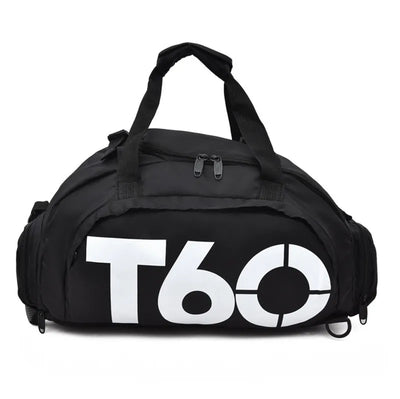 Waterproof gym bag in black with bold T60 logo, perfect for outdoor fitness, yoga, and travel.