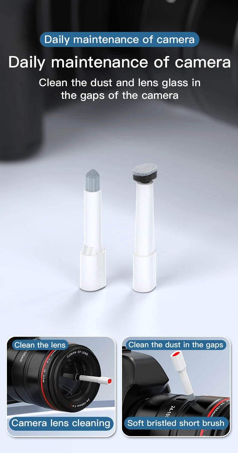 Camera maintenance tools for cleaning dust and lens glass, featuring a soft bristled brush and tip applicator.